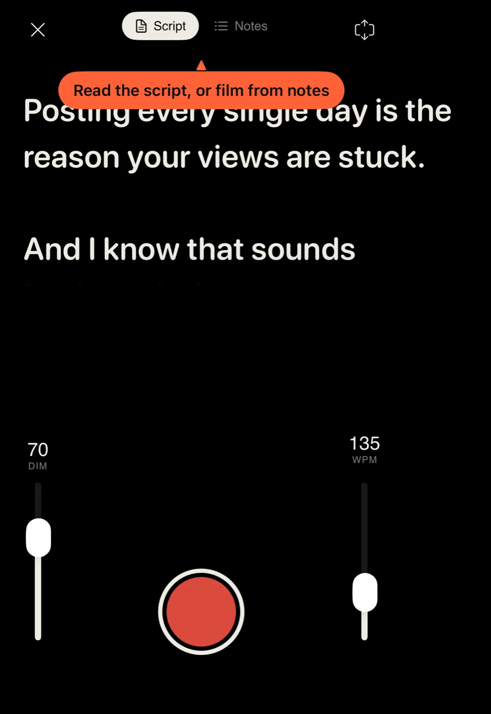 CreateDeck on iPhone Duo closed outer display showing the teleprompter with the script, brightness and speed sliders, and the record button.