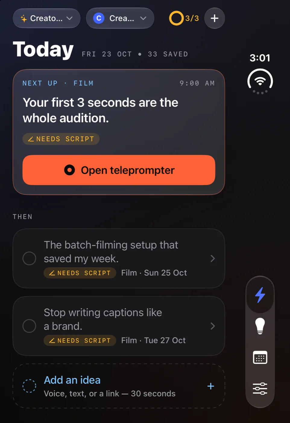 CreateDeck on iPhone Duo closed outer display showing the Today screen with the next video to film and the vertical tab bar beside the status column.