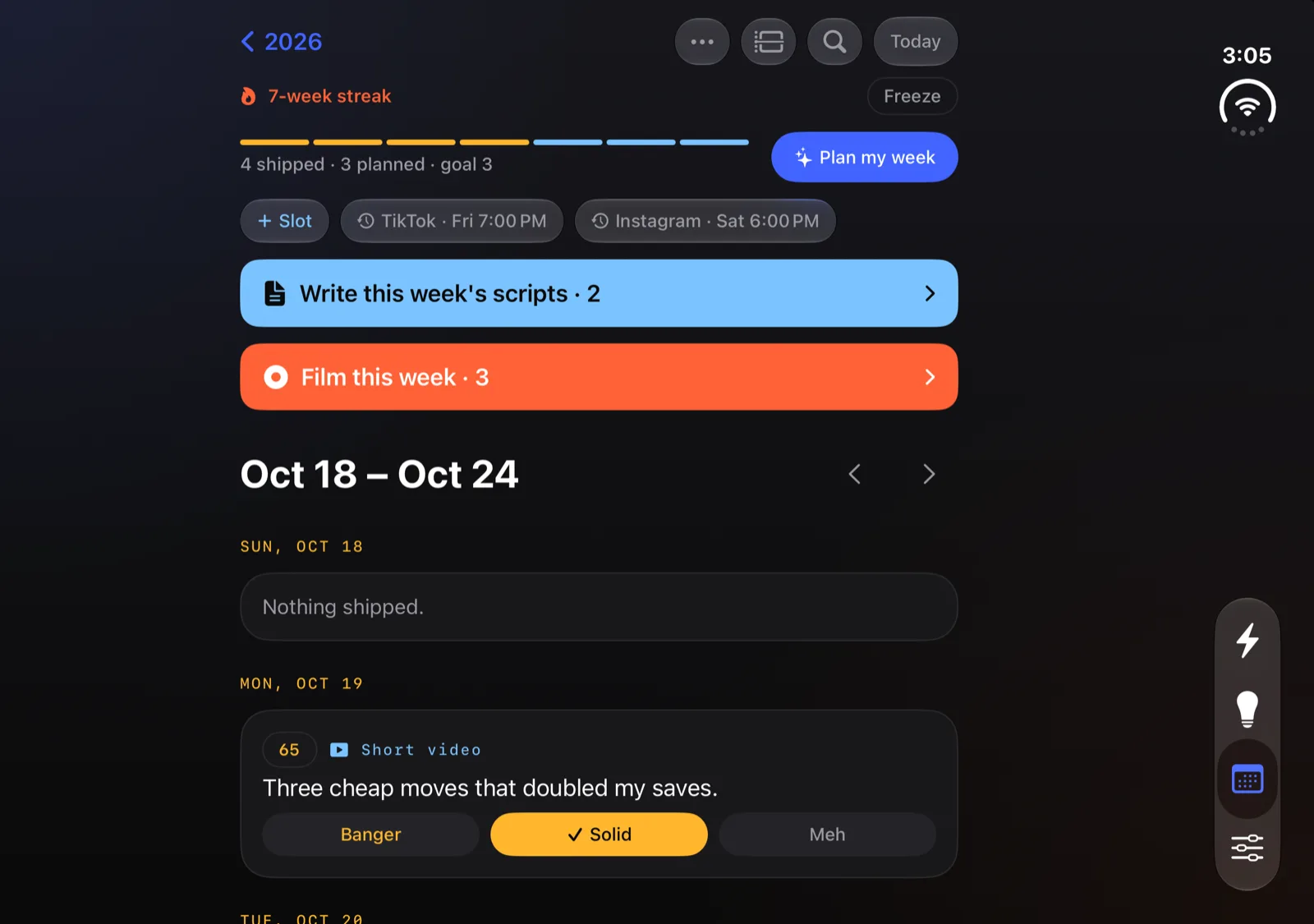 CreateDeck on iPhone Duo open display showing the Calendar: the week's streak, Write this week's scripts and Film this week queues, and each day's posts.