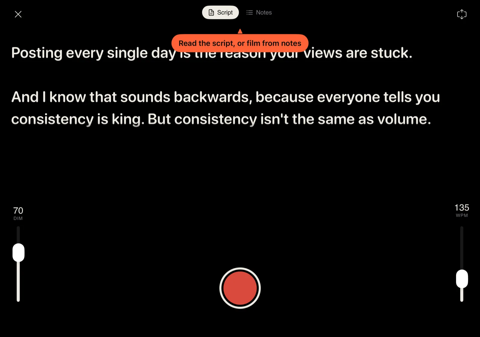 CreateDeck on iPhone Duo open display showing the teleprompter: the script runs across the full width, with brightness and speed sliders at the edges and the record button below.