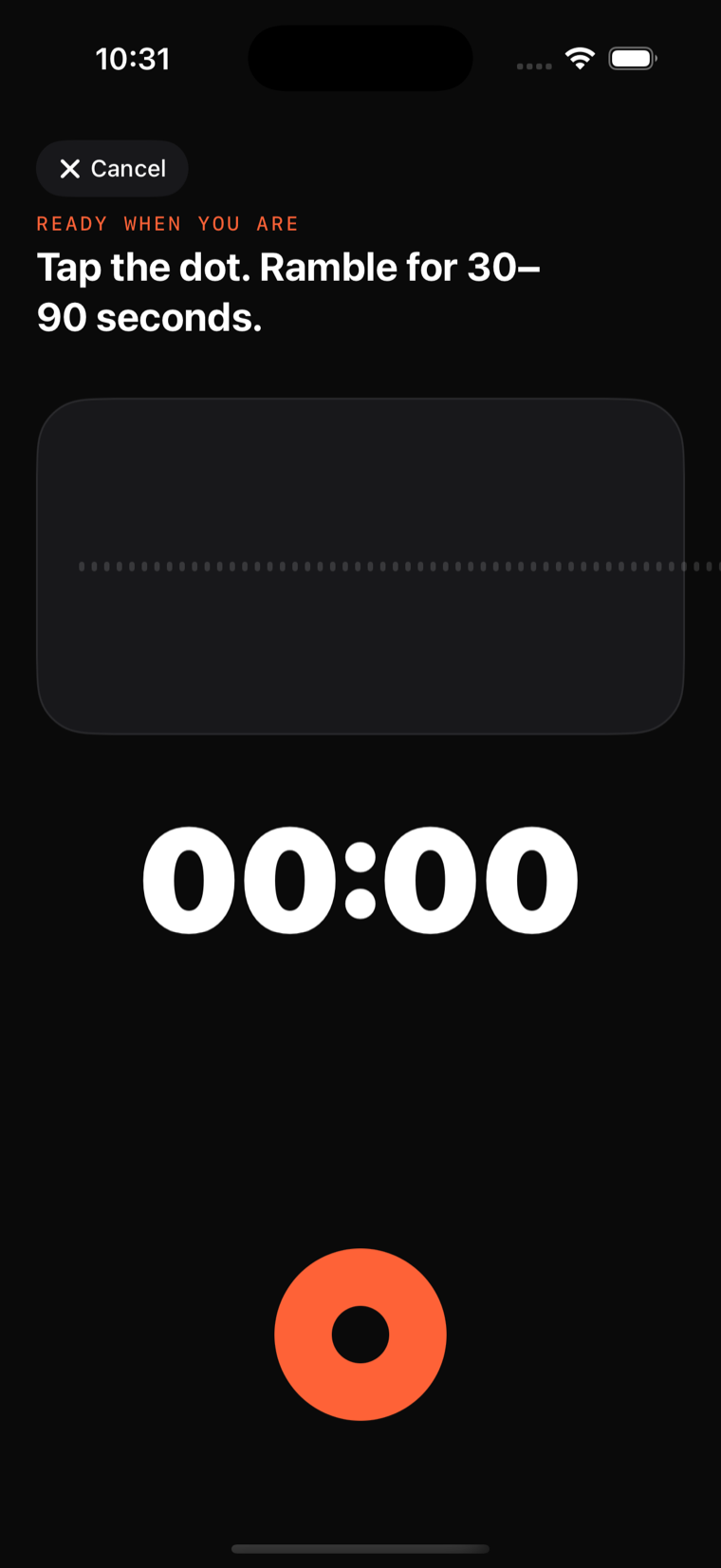 Voice capture screen with a record dot and a running timer.