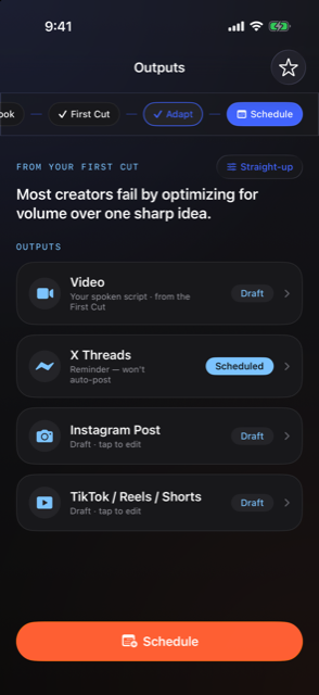 Outputs screen: Video, X Threads marked Scheduled, Instagram Post, and TikTok/Reels/Shorts variants from one First Cut.
