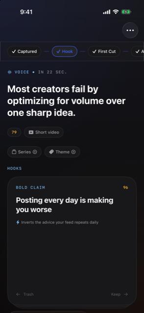 Hook Lab: a bold-claim hook card scored 96 reading 'Posting every day is making you worse' with trash and keep swipe directions.
