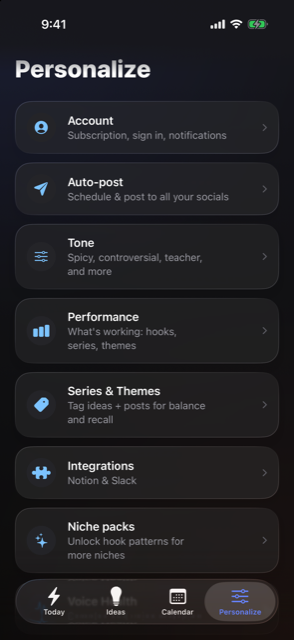 Personalize screen: Auto-post, Tone, Performance, Series and Themes, Integrations, and Niche packs.